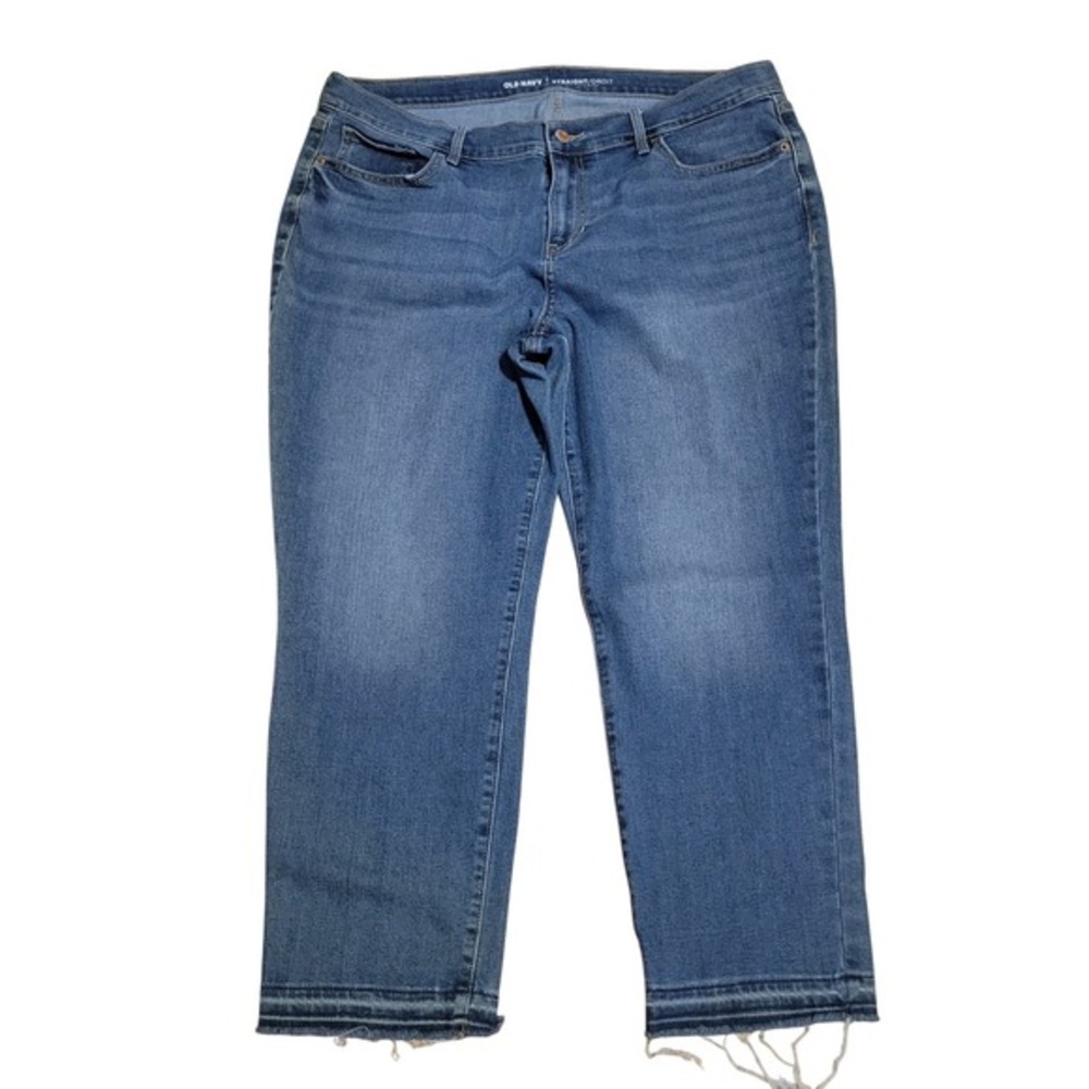 Old Navy Straight Jeans Women 14 Blue Excellent Mid Rise Raw Hem Denim